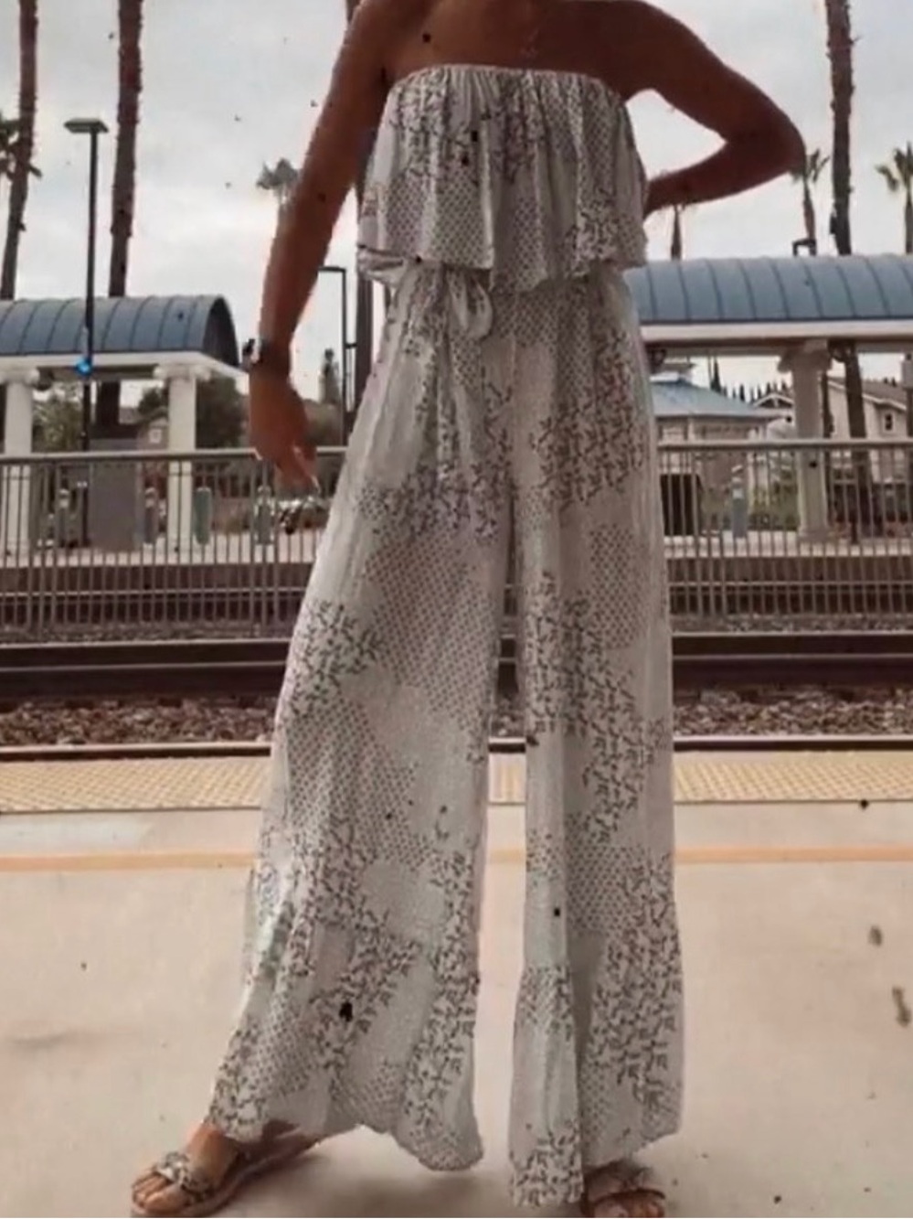 Strapless Wide-Leg Jumpsuit in White with Subtle Blue Print
